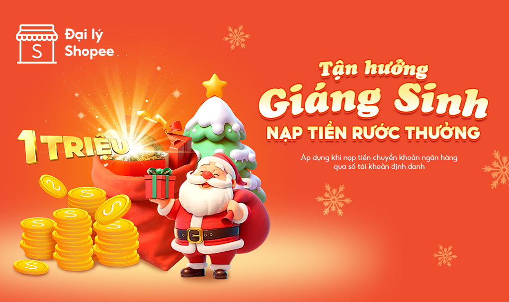  Gi&aacute;ng sinh g&otilde; cửa rồi, qu&agrave; xịn cũng tới liền tay. Th&aacute;ng lễ hội chớp ngay ưu đ&atilde;i nạp tiền nhận thưởng l&ecirc;n đến 1 triệu. Nạp nhẹ x&iacute;u l&agrave; c&oacute; thưởng, nhanh tay tham gia để kh&ocirc;ng bỏ lỡ m&oacute;n qu&agrave; si&ecirc;u ấm &aacute;p m&ugrave;a Gi&aacute;ng sinh n&agrave;y nh&eacute;. C&ugrave;ng kh&aacute;m ph&aacute; ngay! 
 THỜI GIAN CHƯƠNG TR&Igrave;NH 
 Từ ng&agrave;y 01.12 - 31.12.2025 
 ĐỐI TƯỢNG V&Agrave; ĐIỀU KIỆN THAM GIA 
 Đối tượng: 
 CTKM &aacute;p dụng cho tất cả kh&aacute;ch h&agrave;ng đang sử dụng t&agrave;i khoản Đại l&yacute; Shopee. 
 Điều kiện tham gia: Qu&yacute; Đại l&yacute; khi nạp tiền v&agrave;o t&agrave;i khoản trong th&aacute;ng với c&aacute;c giao dịch tối thiểu 1.000.000Đ bằng h&igrave;nh thức bằng h&
