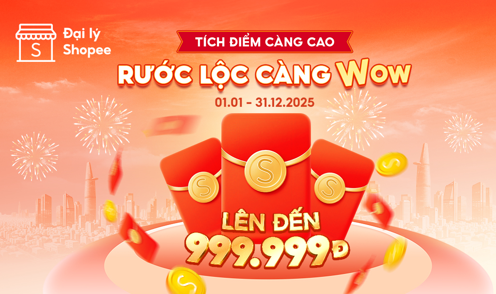  Năm 2026 đang rất cận kề, c&ugrave;ng Đại l&yacute; Shopee t&iacute;ch điểm rước lộc ch&agrave;o đ&oacute;n năm mới khai vận cực sung ngay. 
 
 Một rừng bao l&igrave; x&igrave; gi&aacute; trị l&ecirc;n đến 999.999Đ c&ugrave;ng loạt qu&agrave; Tết si&ecirc;u xịn đang đợi những Đại l&yacute; đủ &ldquo;m&aacute;u lửa&rdquo; bước v&agrave;o đường đua. 
 Chỉ cần tham gia cuộc đua thanh to&aacute;n v&agrave; c&agrave;y điểm thật chiến, Đại l&yacute; sẽ c&oacute; cơ hội gom sạch qu&agrave; hot từ Đại l&yacute; Shopee. 
 Sẵn s&agrave;ng chưa? C&ugrave;ng trượt xuống dưới để kh&aacute;m ph&aacute; cho n&oacute;ng. 
 THỜI GIAN T&Iacute;CH ĐIỂM 
 
 Từ ng&agrave;y 01.01 - 31.12.2025 
 ĐỐI TƯỢNG V&Agrave; CƠ CHẾ CHƯƠNG TR&Igrave;NH Đối tượng Chương tr&igrave;nh &aacute;p dụng cho tất cả Đại l&yacute; 